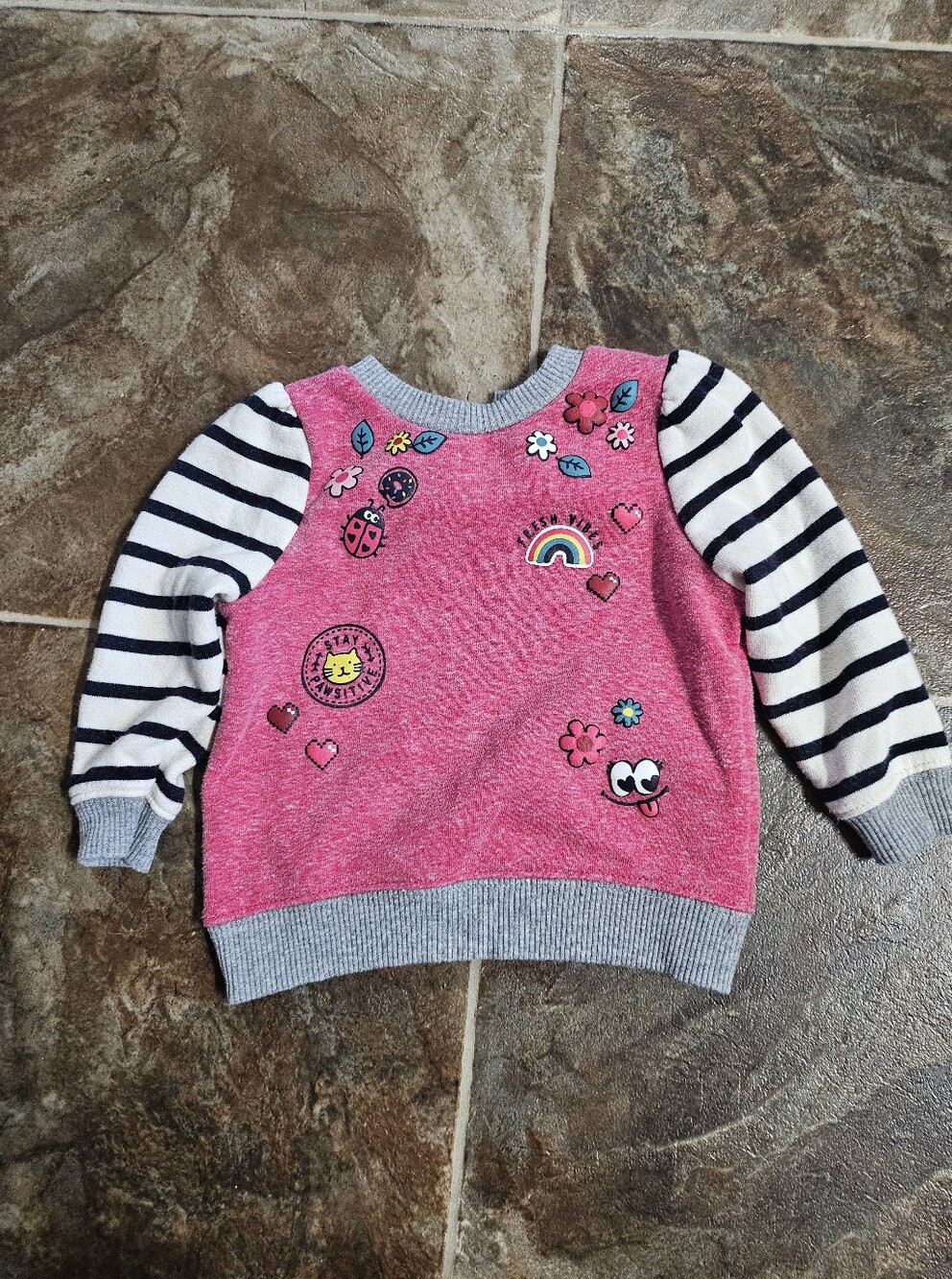 Toddler Girls Cute Patch Crewneck Sweatshirt | Pink & Black Striped Sleeves